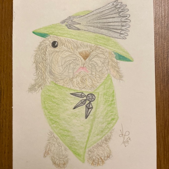 Unframed Original Art Drawing Royal Ascot Bunny in Elaborate Hat Pencil Crayon - Picture 1 of 2